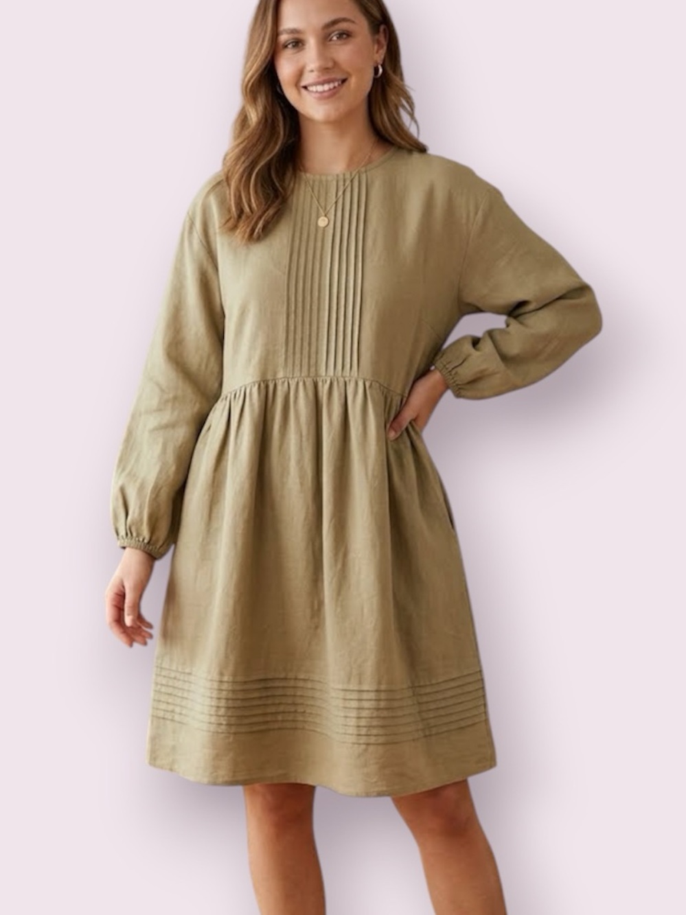 Tizzi Pin Tuck Pleats Babydoll Dress Neutral Brown Size Medium